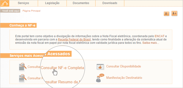 Página inicial do site do Portal Nacional da Sefaz para NFe, destacando o campo "Consultar NFe completa".