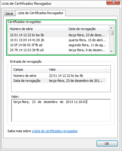 Demonstra o arquivo CRL, que contém a lista de Certificados Revogados