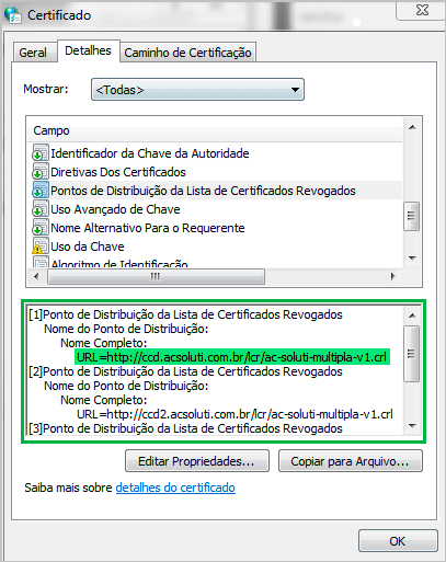 Campo detalhes do certificado, com a informação do campo URL destacada em verde, mostrando o endereço para realizar o download do arquivo utilizado pela Sefaz na validação.