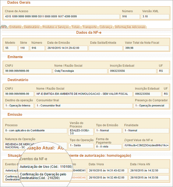 Exemplo destacando o campo Eventos da NFe, numa busca no Portal Nacional da Sefaz. A captura de tela demonstra que a nota foi autorizada e, logo depois, recebida pelo destinatário. 