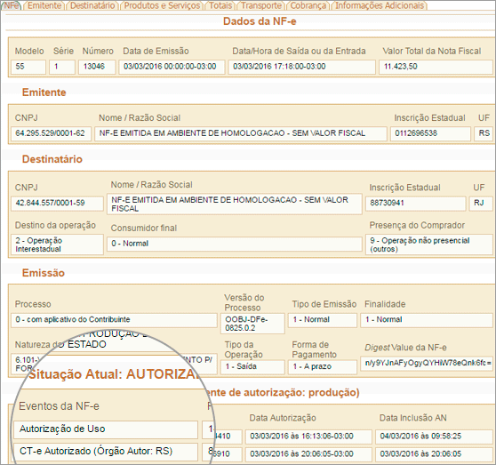 Tela de retorno da busca por NFe no Portal Nacional da Sefaz. Está destacado o campo "Eventos da NFe", que mostra que um CTe está vinculado a NFe alvo da pesquisa.