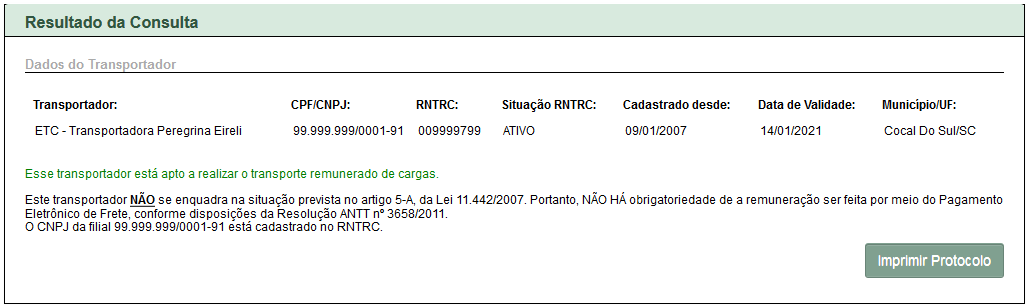 Tela de resultado de uma consulta pública de transportadores no Registro Nacional de Transportadores Rodoviários de Cargas (RNTRC). Os dados do transportador incluem nome, CPF/CNPJ, número RNTRC, situação (ATIVO), data de cadastro, data de validade e município/UF. Há um aviso de que o transportador está apto a realizar transporte remunerado de cargas, seguido de uma nota explicativa sobre a legislação aplicável. Na parte inferior direita, há um botão "Imprimir Protocolo".